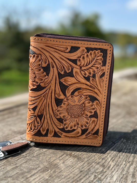 PASSPORT Wallet or Cover western tooled floral feather leather details by Double B Wild Rags
