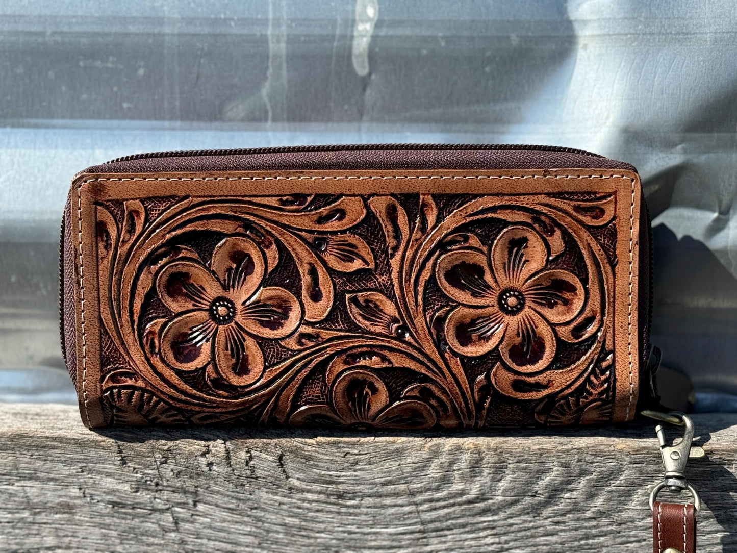 Western Tooled Leather women's wallet with wristlet strap by Double B Wild Rags