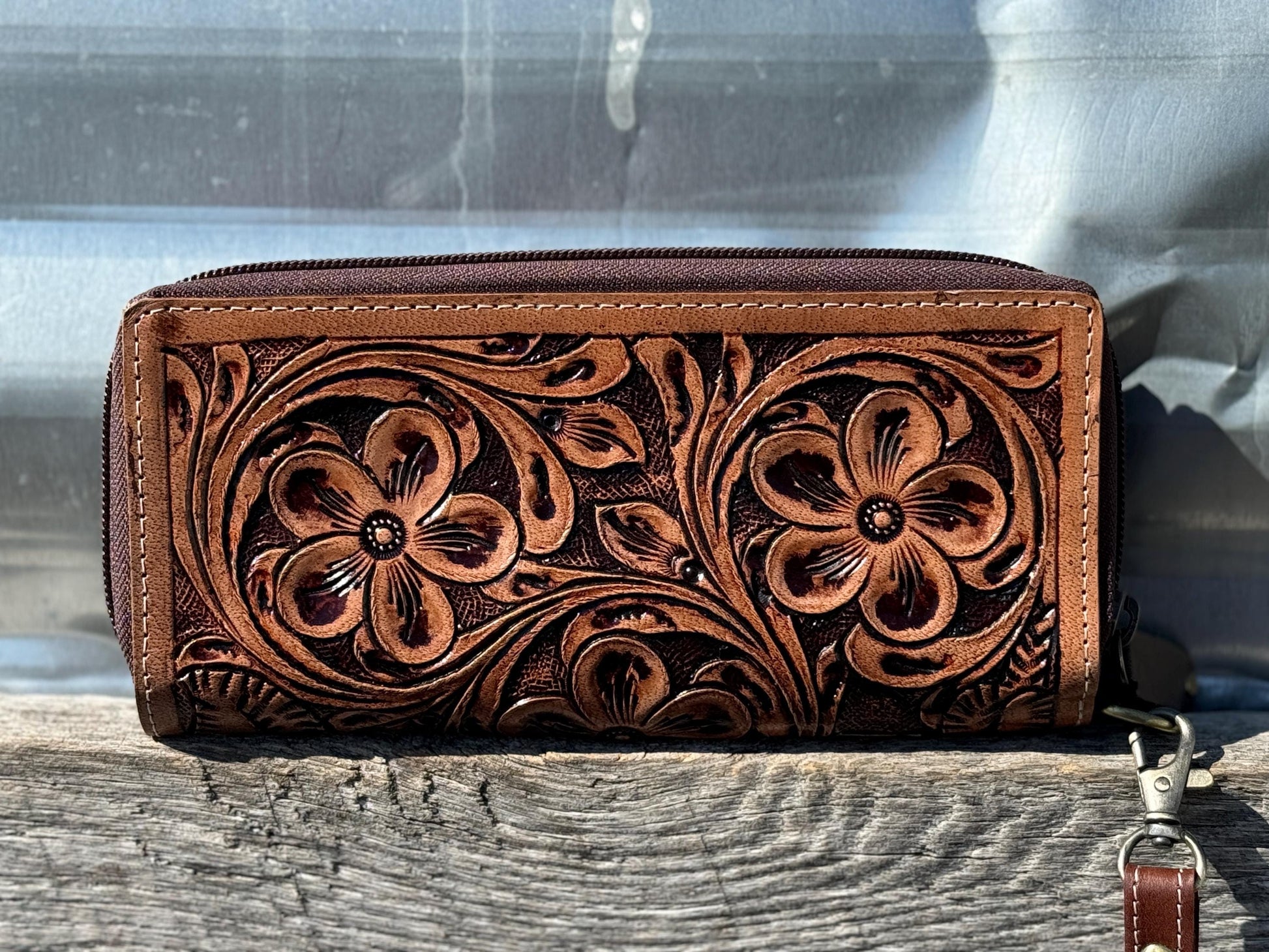 Western Tooled Leather women's wallet with wristlet strap by Double B Wild Rags