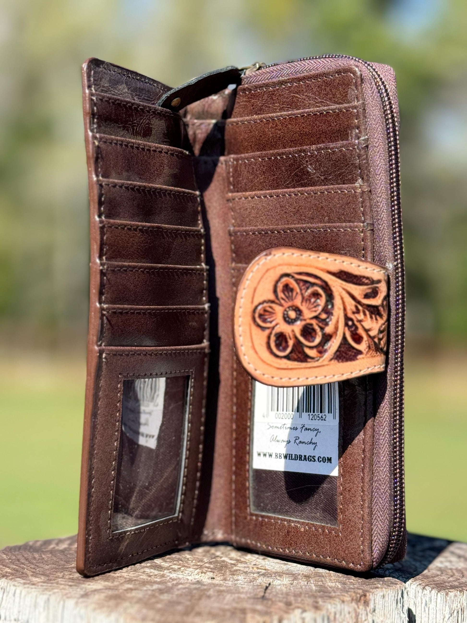 Western Tooled Leather women's wallet with wristlet strap by Double B Wild Rags