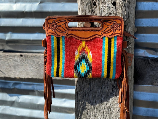 Western Genuine Leather Saddle Blanket Handle Purse with Tooled floral details by Double B Wild Rags