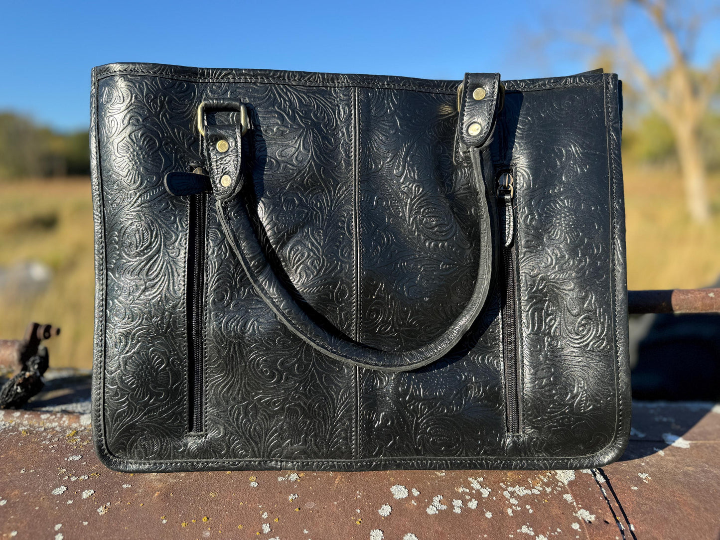 Genuine Western Leather Black laptop messenger briefcase bag with tooled and embossed leather by Double B Wild Rags CONCEAL and CARRY