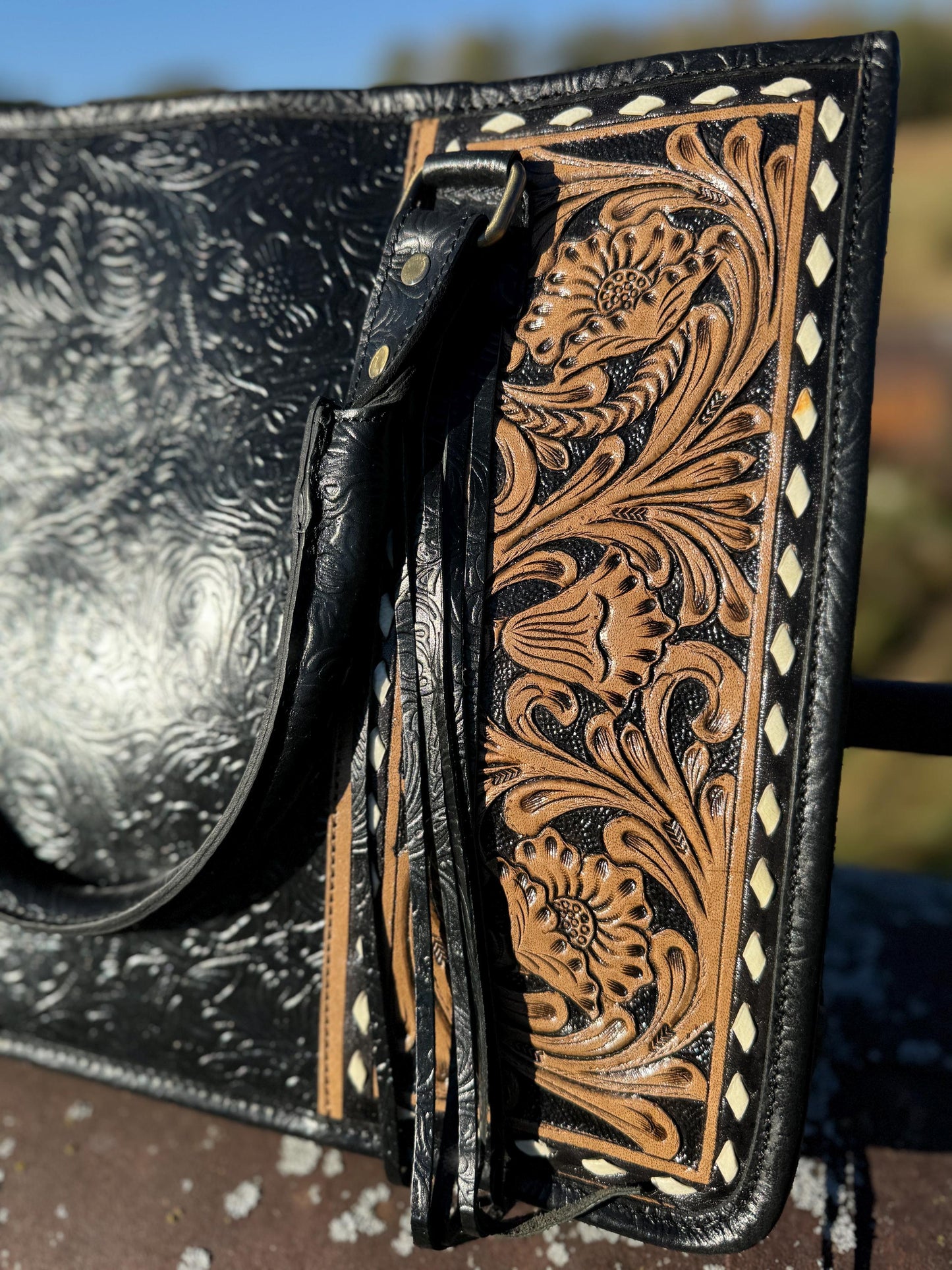Genuine Western Leather Black laptop messenger briefcase bag with tooled and embossed leather by Double B Wild Rags CONCEAL and CARRY