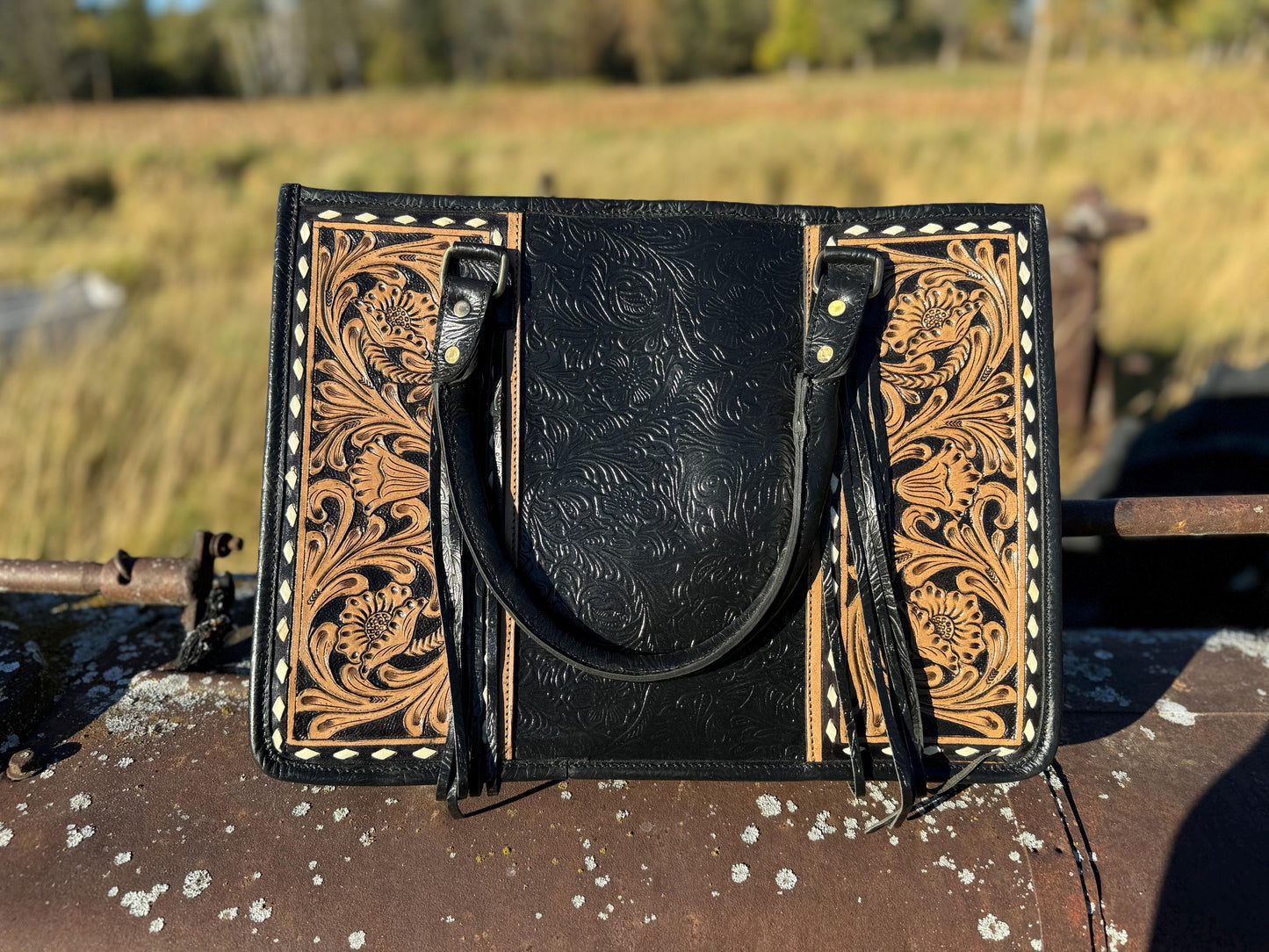 Genuine Western Leather Black laptop messenger briefcase bag with tooled and embossed leather by Double B Wild Rags CONCEAL and CARRY