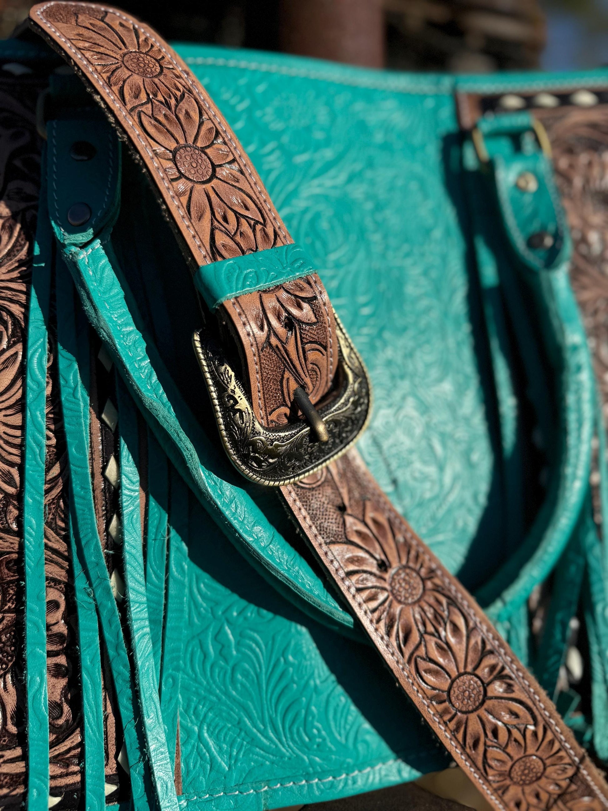Genuine Western Leather Turquoise laptop messenger briefcase bag with tooled and embossed leather by Double B Wild Rags CONCEAL and CARRY