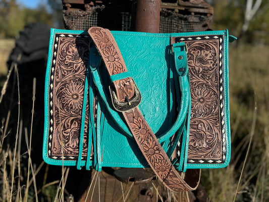 Genuine Western Leather Turquoise laptop messenger briefcase bag with tooled and embossed leather by Double B Wild Rags CONCEAL and CARRY