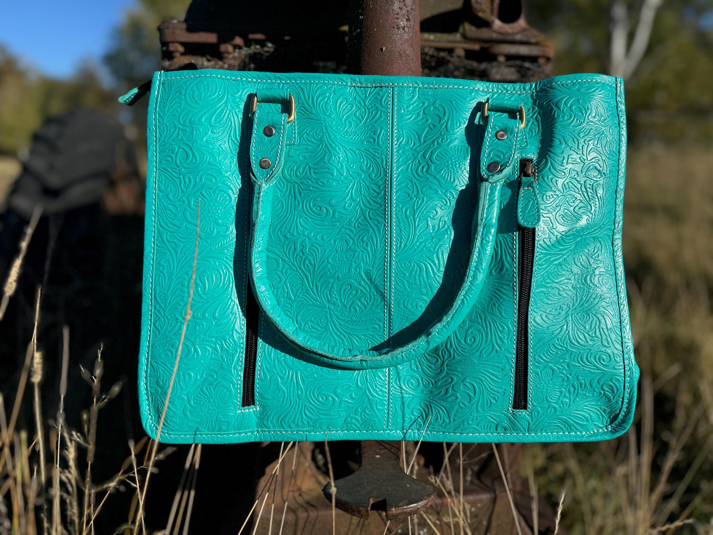 Genuine Western Leather Turquoise laptop messenger briefcase bag with tooled and embossed leather by Double B Wild Rags CONCEAL and CARRY