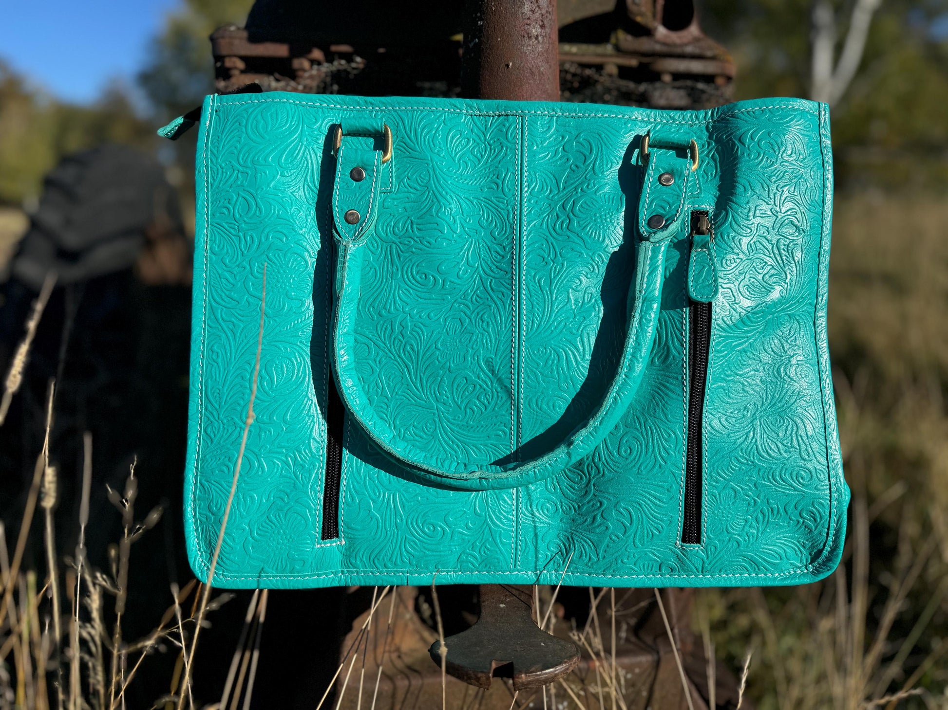 Genuine Western Leather Turquoise laptop messenger briefcase bag with tooled and embossed leather by Double B Wild Rags CONCEAL and CARRY