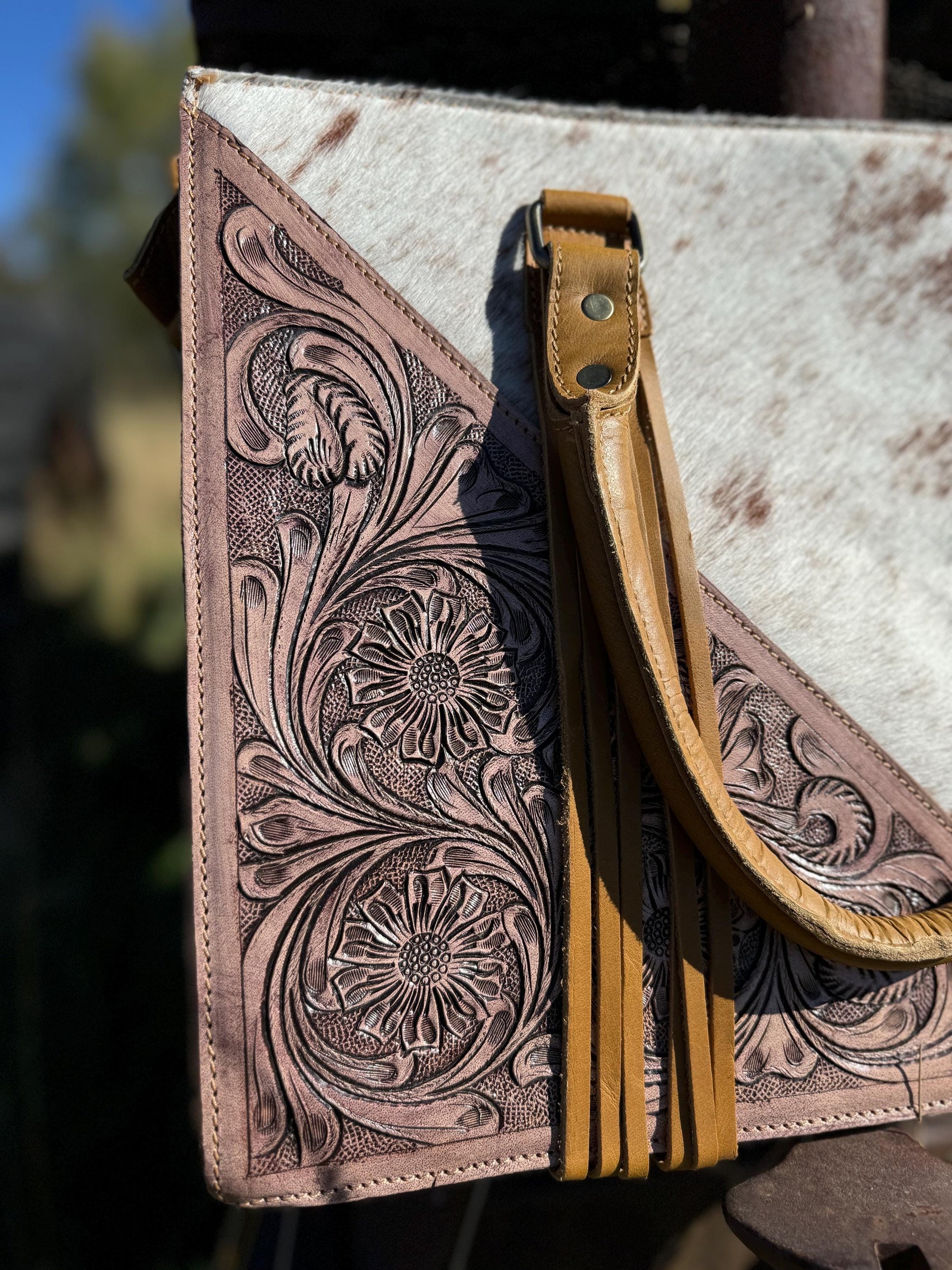 Genuine Western Leather and Hide Light Tan Leather laptop messenger briefcase bag by Double B Wild Rags CONCEAL and CARRY