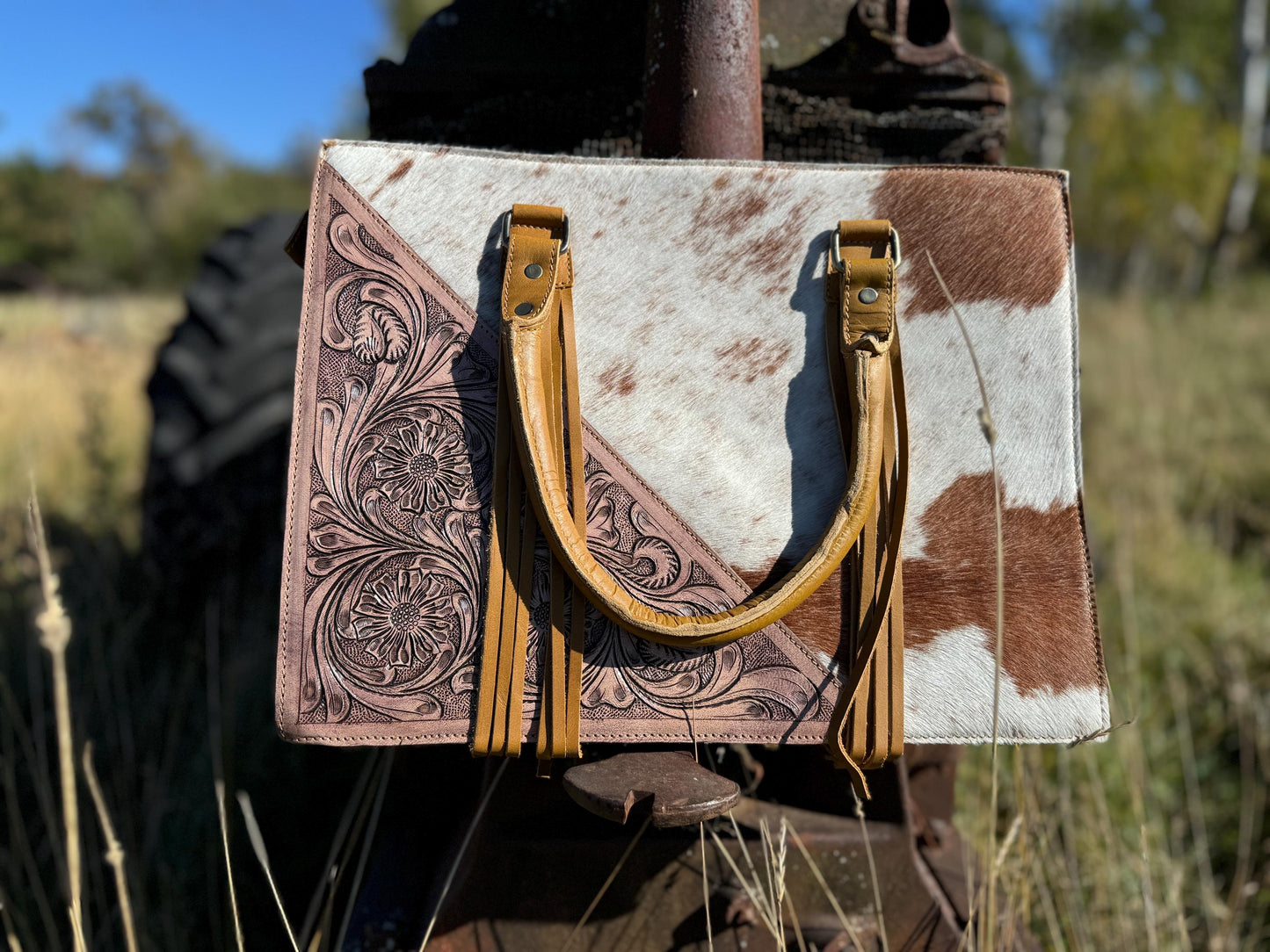Genuine Western Leather and Hide Light Tan Leather laptop messenger briefcase bag by Double B Wild Rags CONCEAL and CARRY
