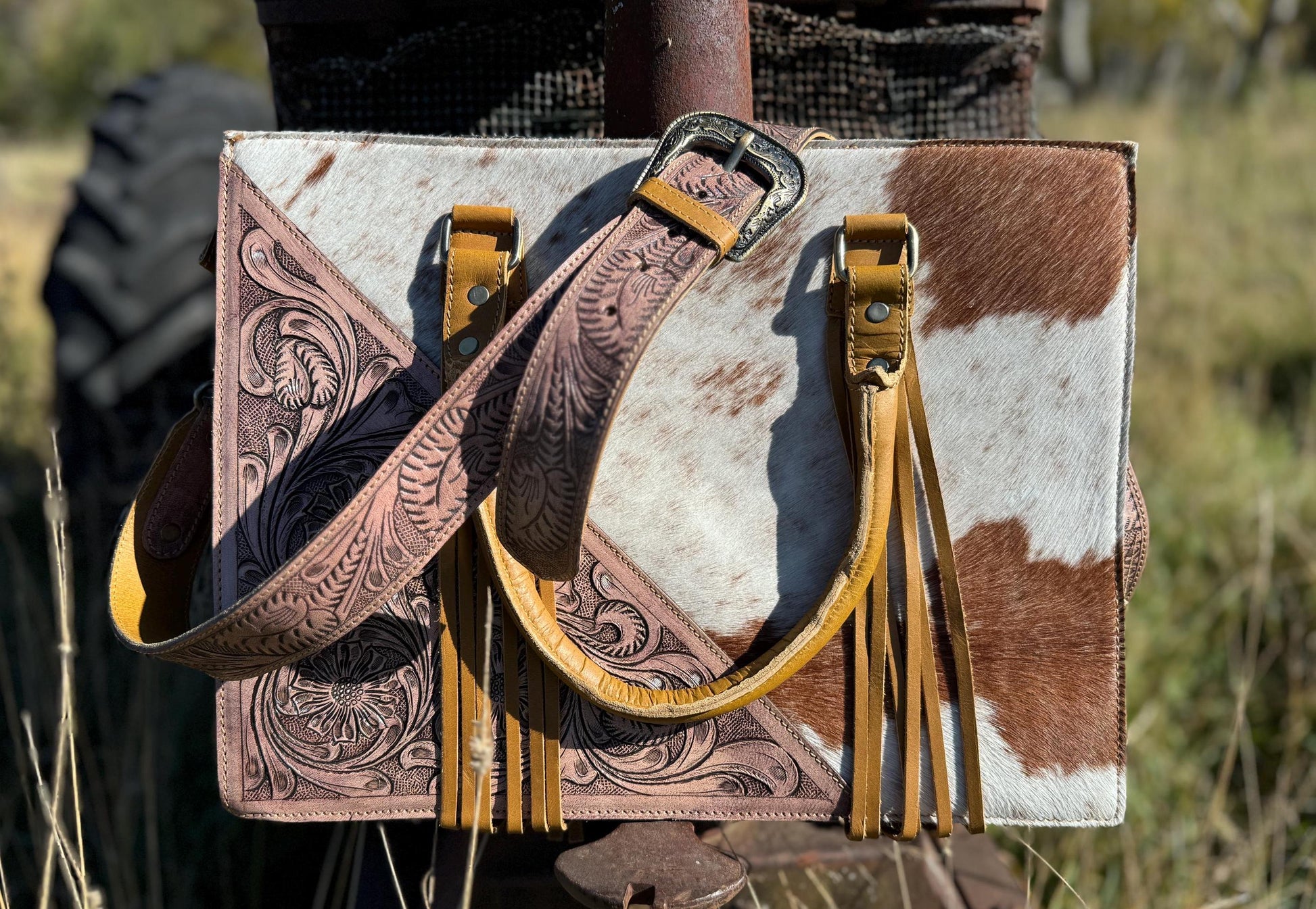 Genuine Western Leather and Hide Light Tan Leather laptop messenger briefcase bag by Double B Wild Rags CONCEAL and CARRY