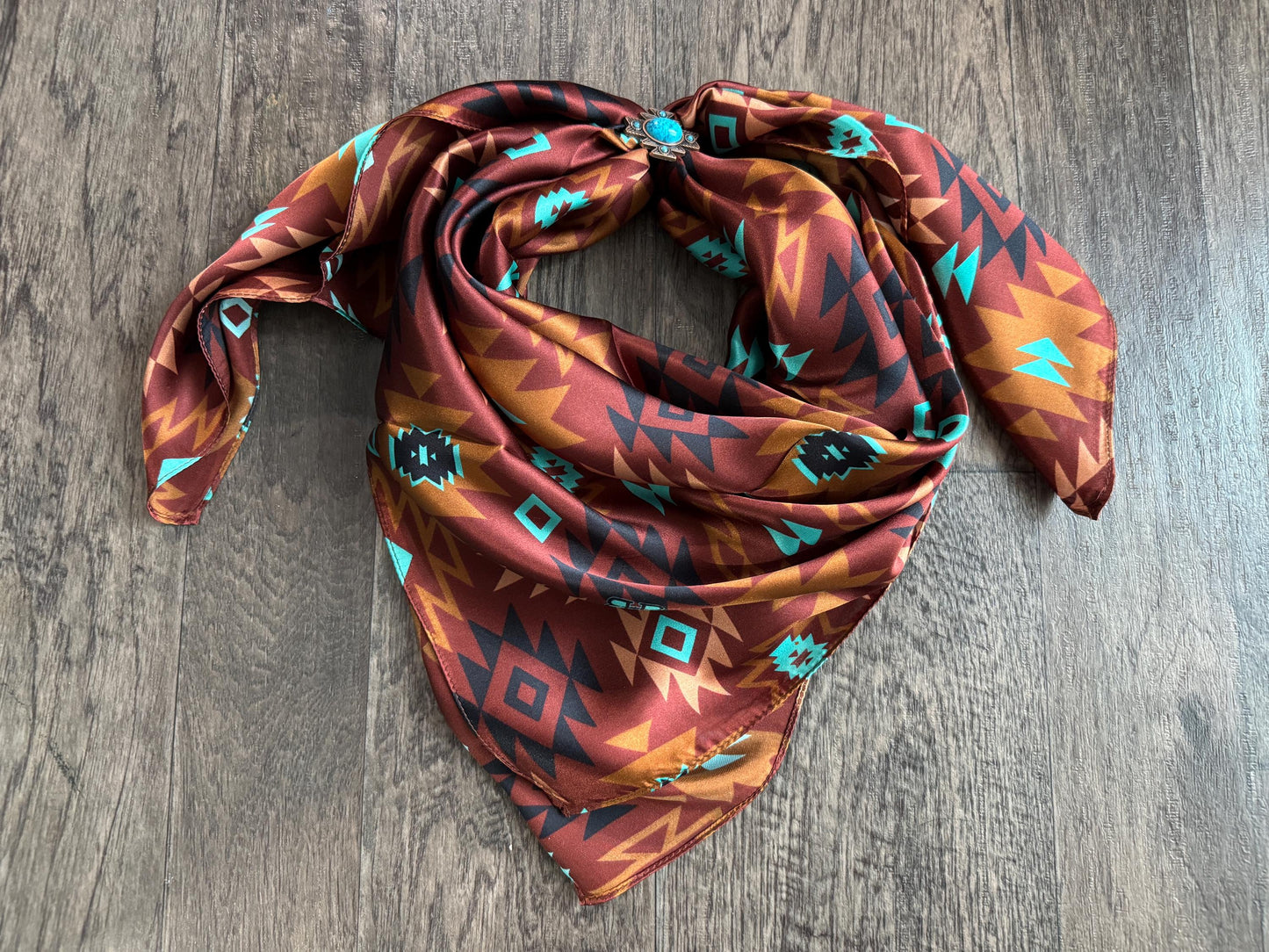 100% Silk Wild Rag Chestnut and Turquoise Aztec Native tribal inspired neck scarf by Double B Wild Rags