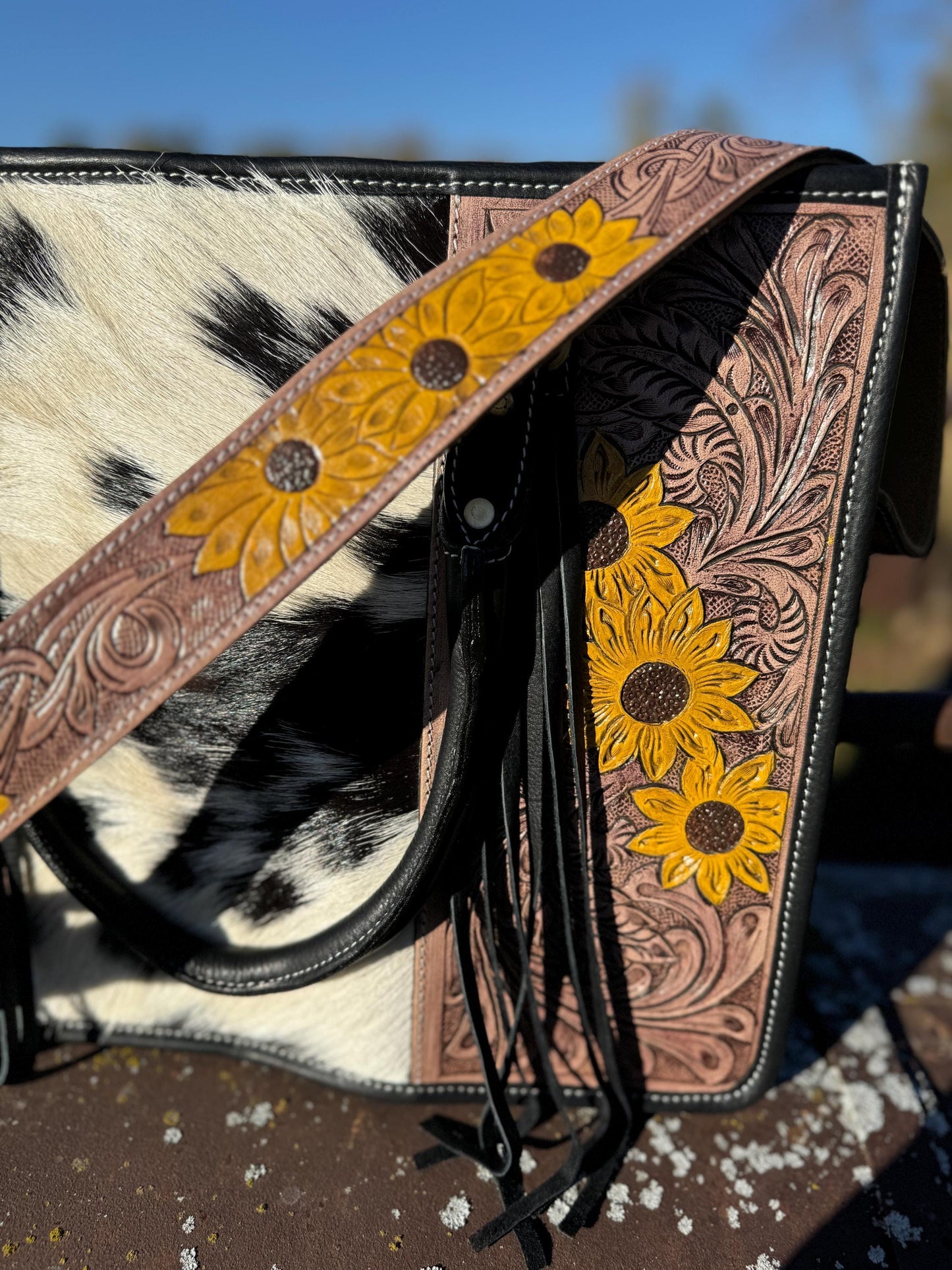 Genuine Western Leather Black laptop messenger briefcase with tooled sunflowers and cowhide leather by Double B Wild Rags CONCEAL and CARRY
