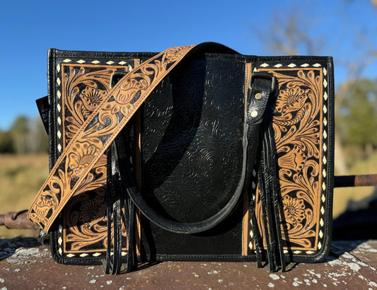 Genuine Western Leather Black laptop messenger briefcase bag with tooled and embossed leather by Double B Wild Rags CONCEAL and CARRY