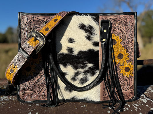 Genuine Western Leather Black laptop messenger briefcase with tooled sunflowers and cowhide leather by Double B Wild Rags CONCEAL and CARRY