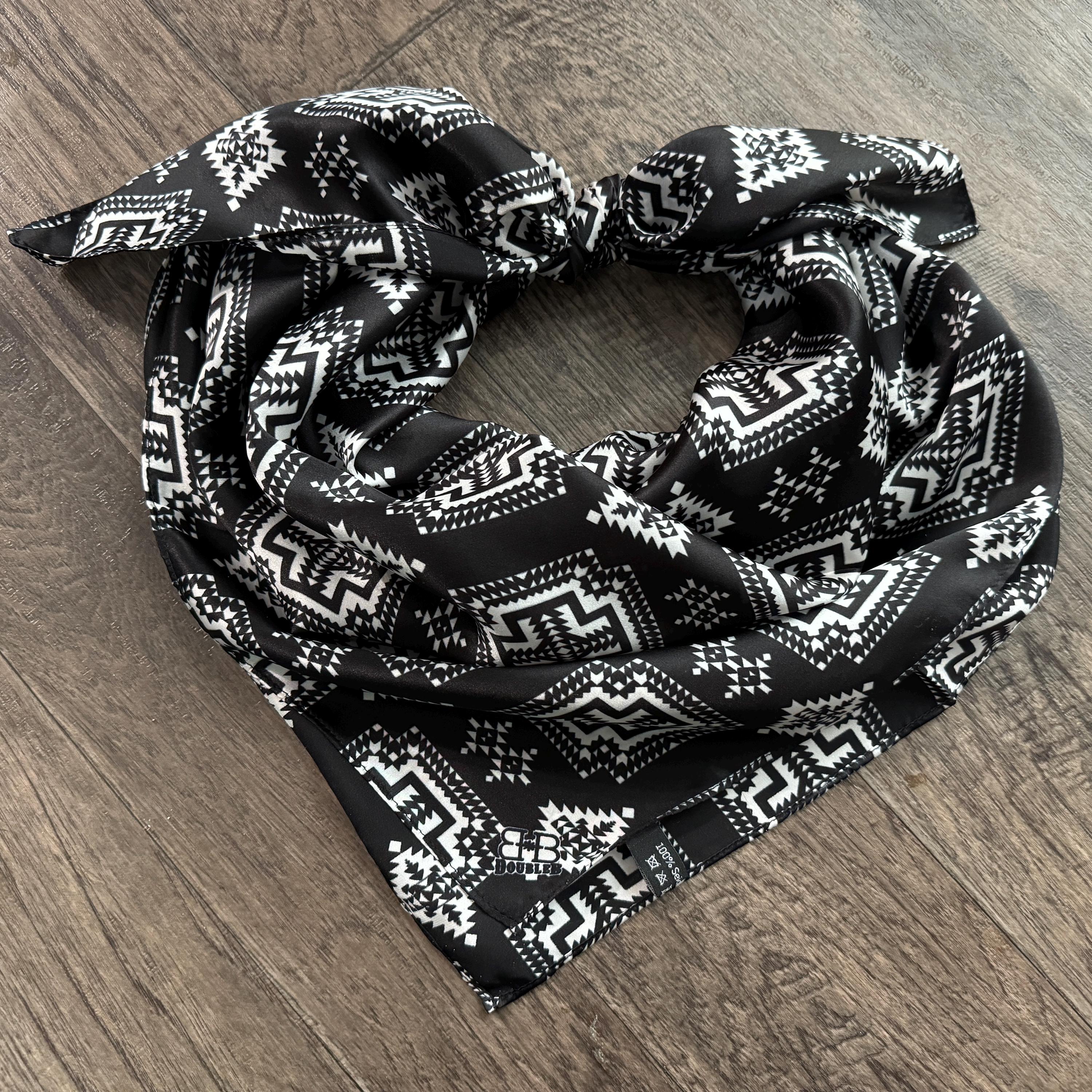 100% Silk Wild Rag Black and White Native tribal inspired neck scarf b ...