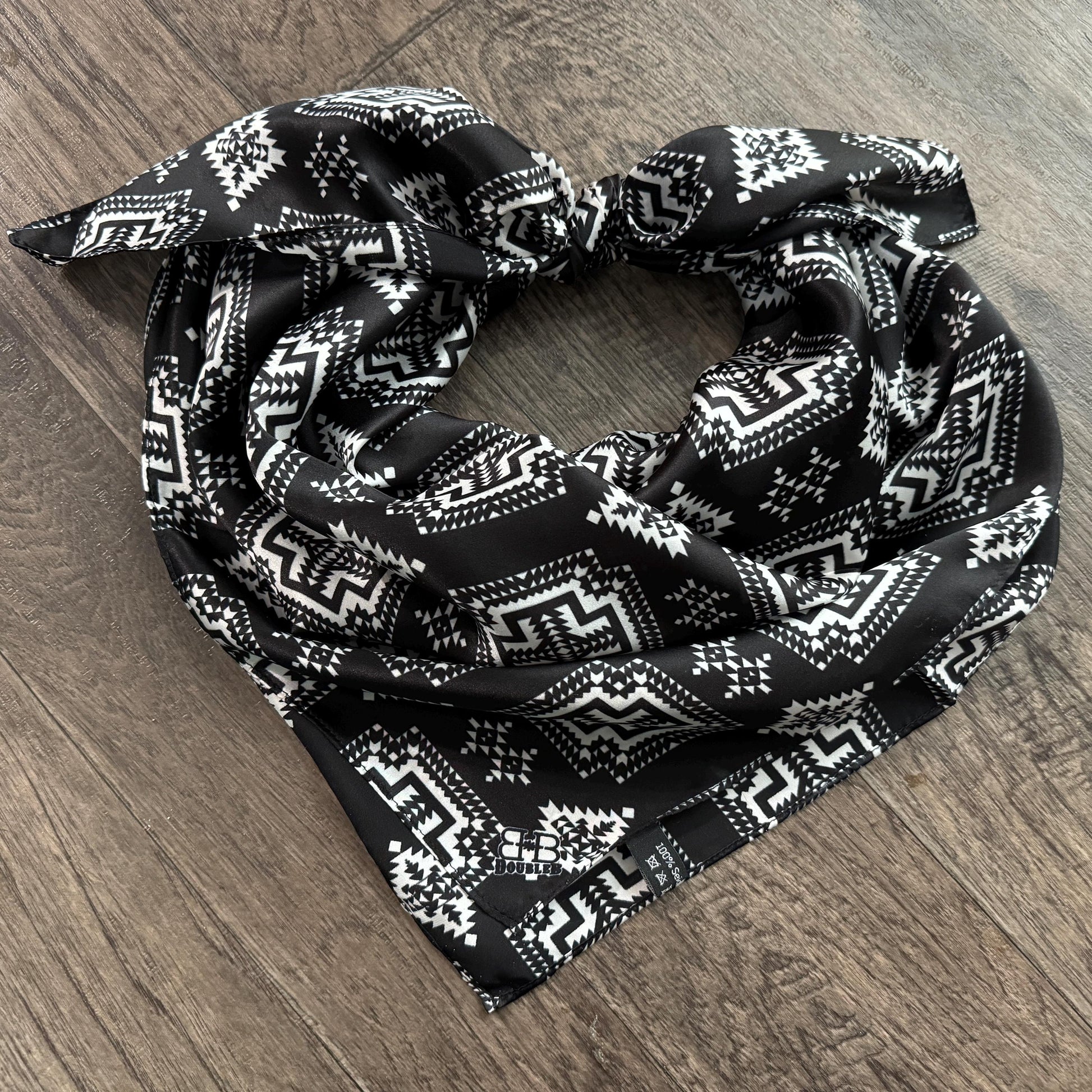 100% Silk Wild Rag Black and White Native tribal inspired neck scarf by Double B Wild Rags