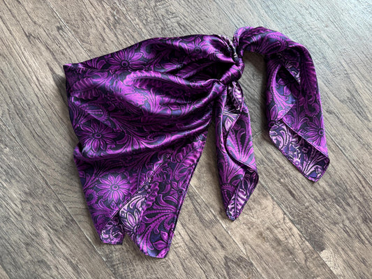 100% Silk Wild Rag Tooled Leather Floral Deep Purple by Double B Wild Rags