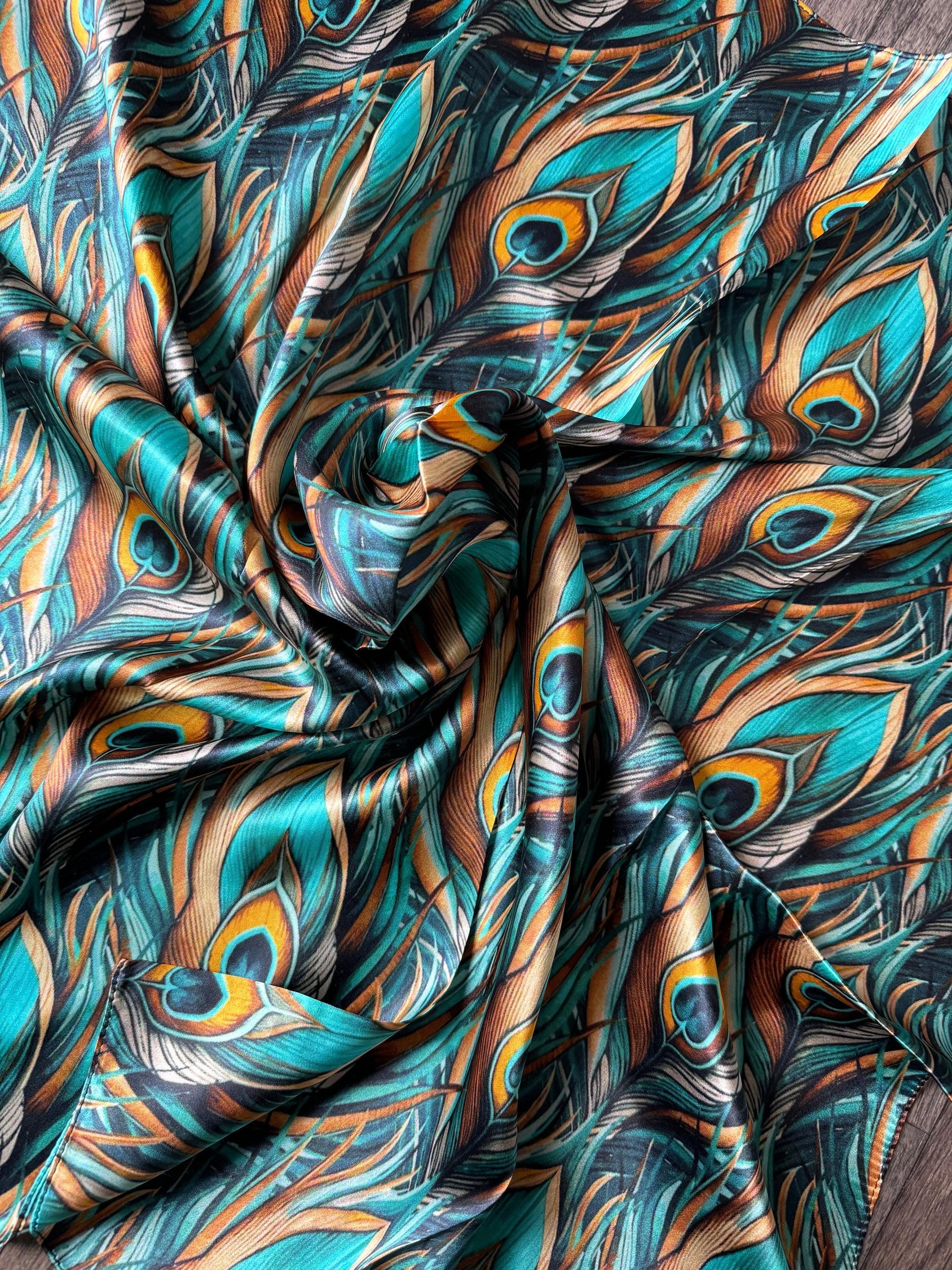 100% Silk Wild Rag Teal and Gold Peacock Feather by Double B Wild Rags