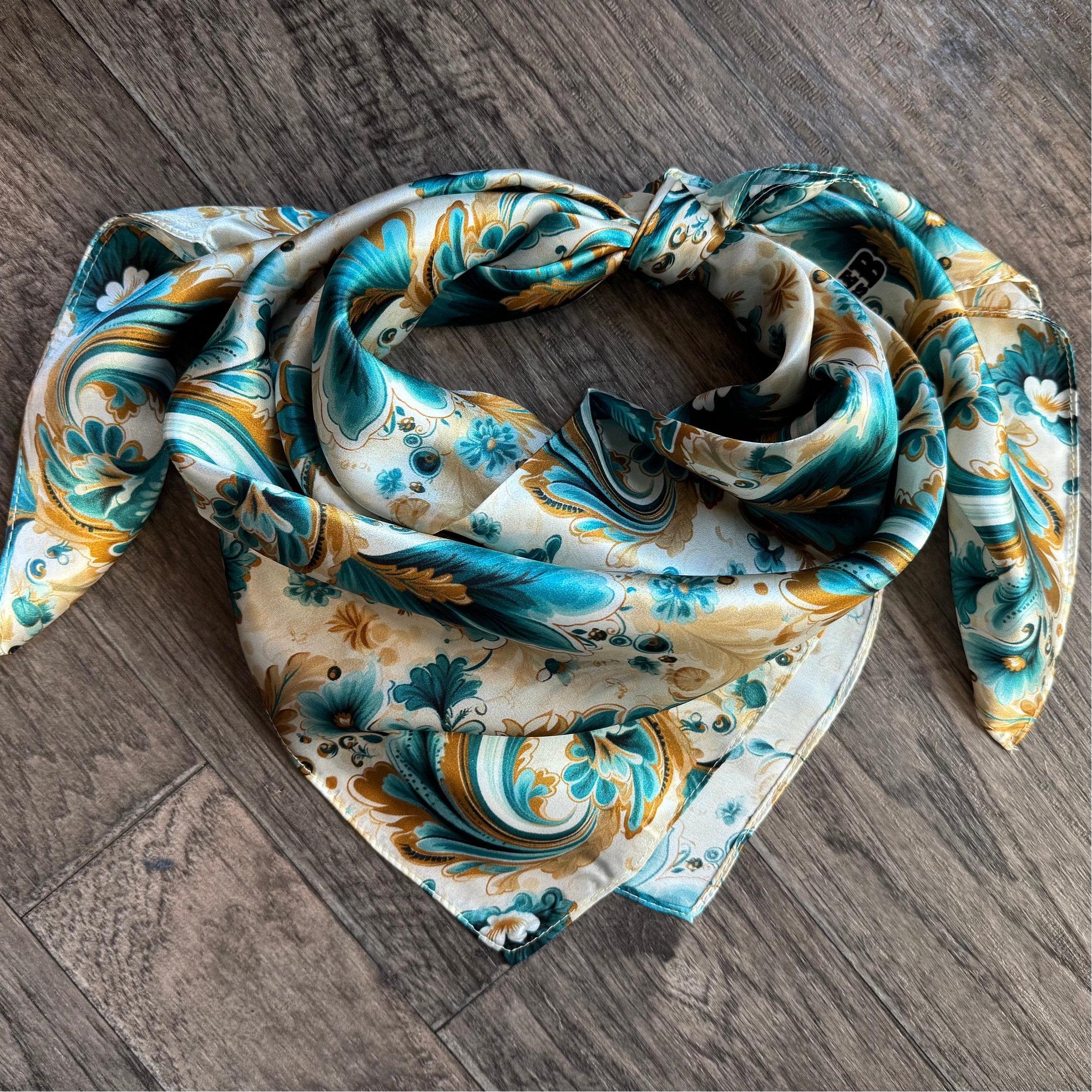 Wild Rag 100% SILK Turquoise Gold Ivory Floral Paisley Cowboy Neck Sca ...