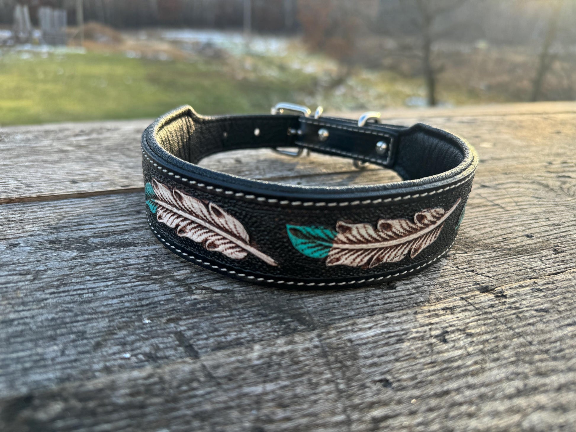 Western leather dog collar tooled Turquoise Feather or Pink Floral details by Double B Wild Rags