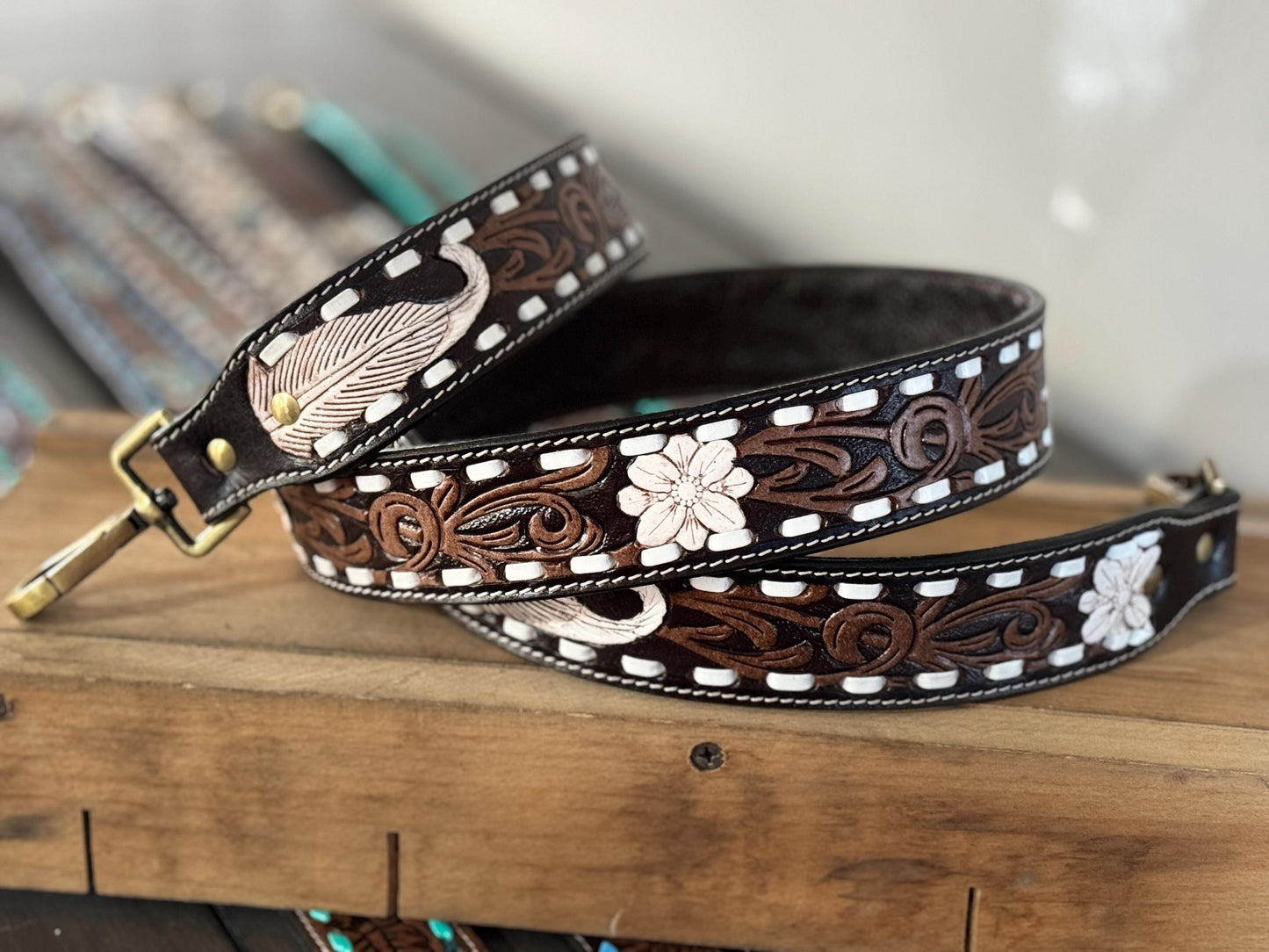 Western purse shoulder strap Cowhide tooled leather by Double B Wild Rags