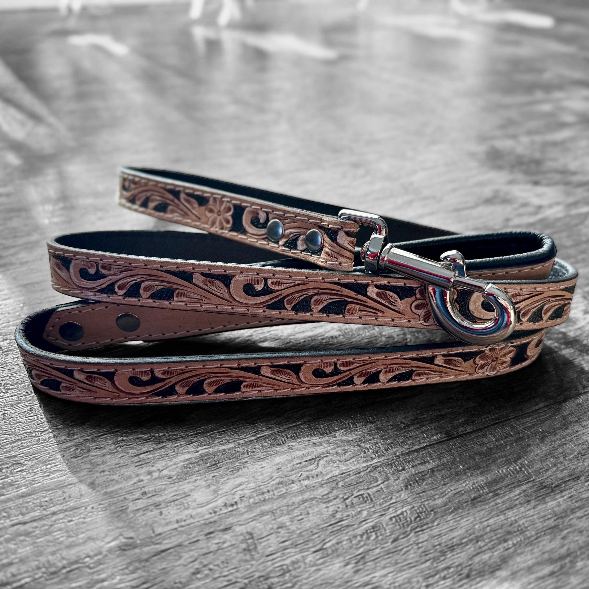 Western tooled leather dog collar or leash with floral details by Double B Wild Rags