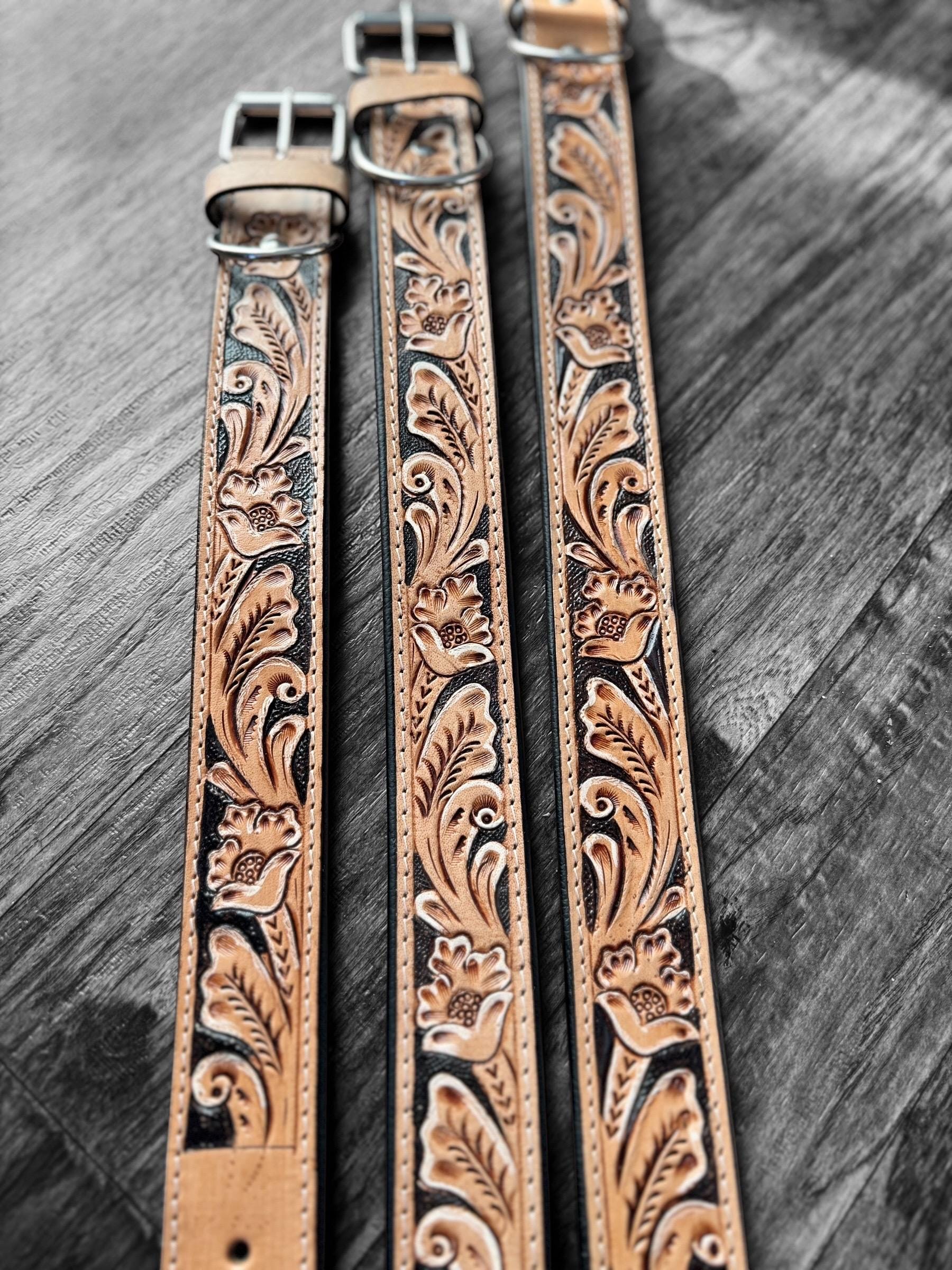 Western tooled leather dog collar or leash with floral details by Double B Wild Rags