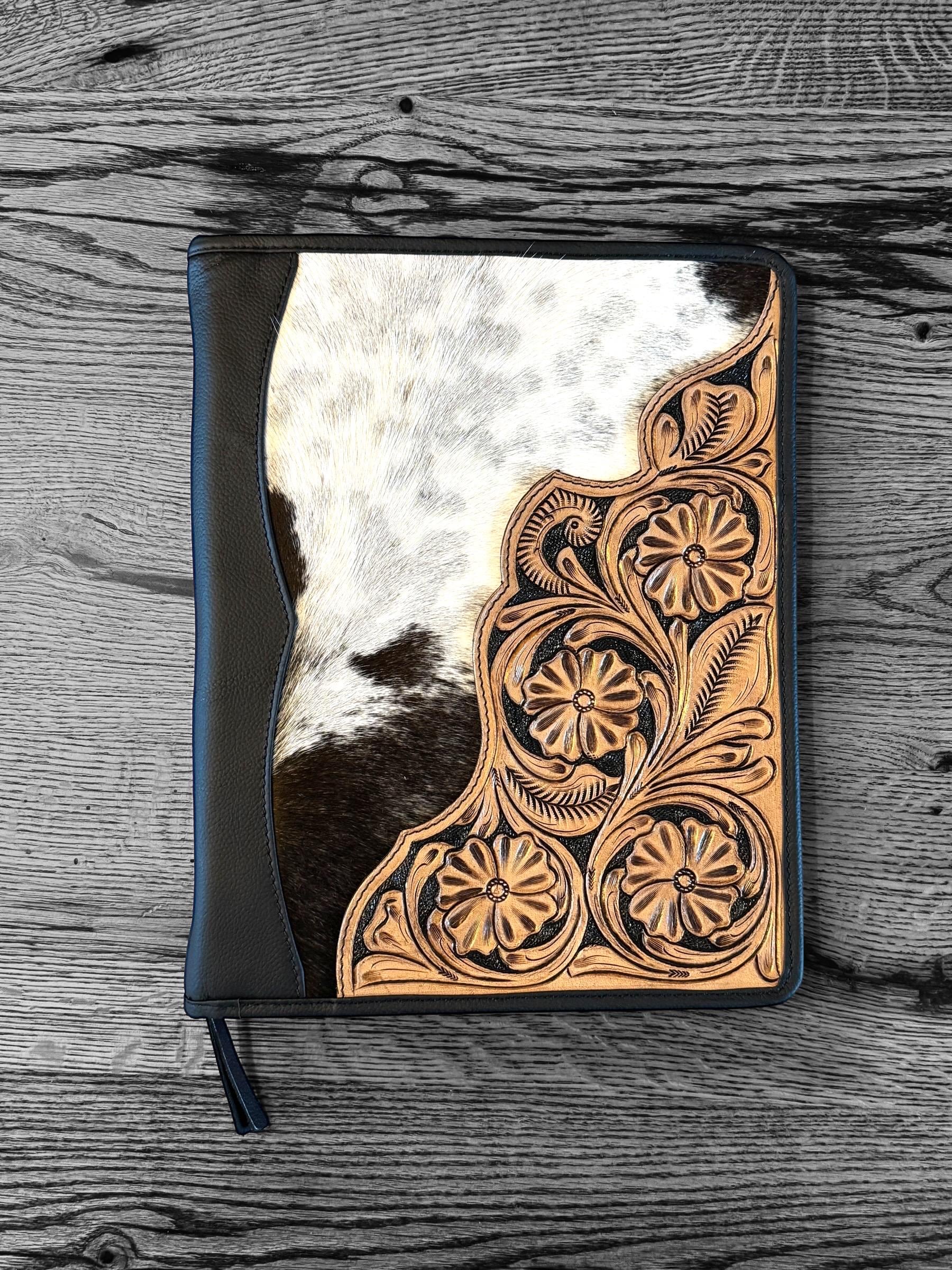Business Autograph Headshot Folder Western Cowhide tooled leather by Double B Wild Rags