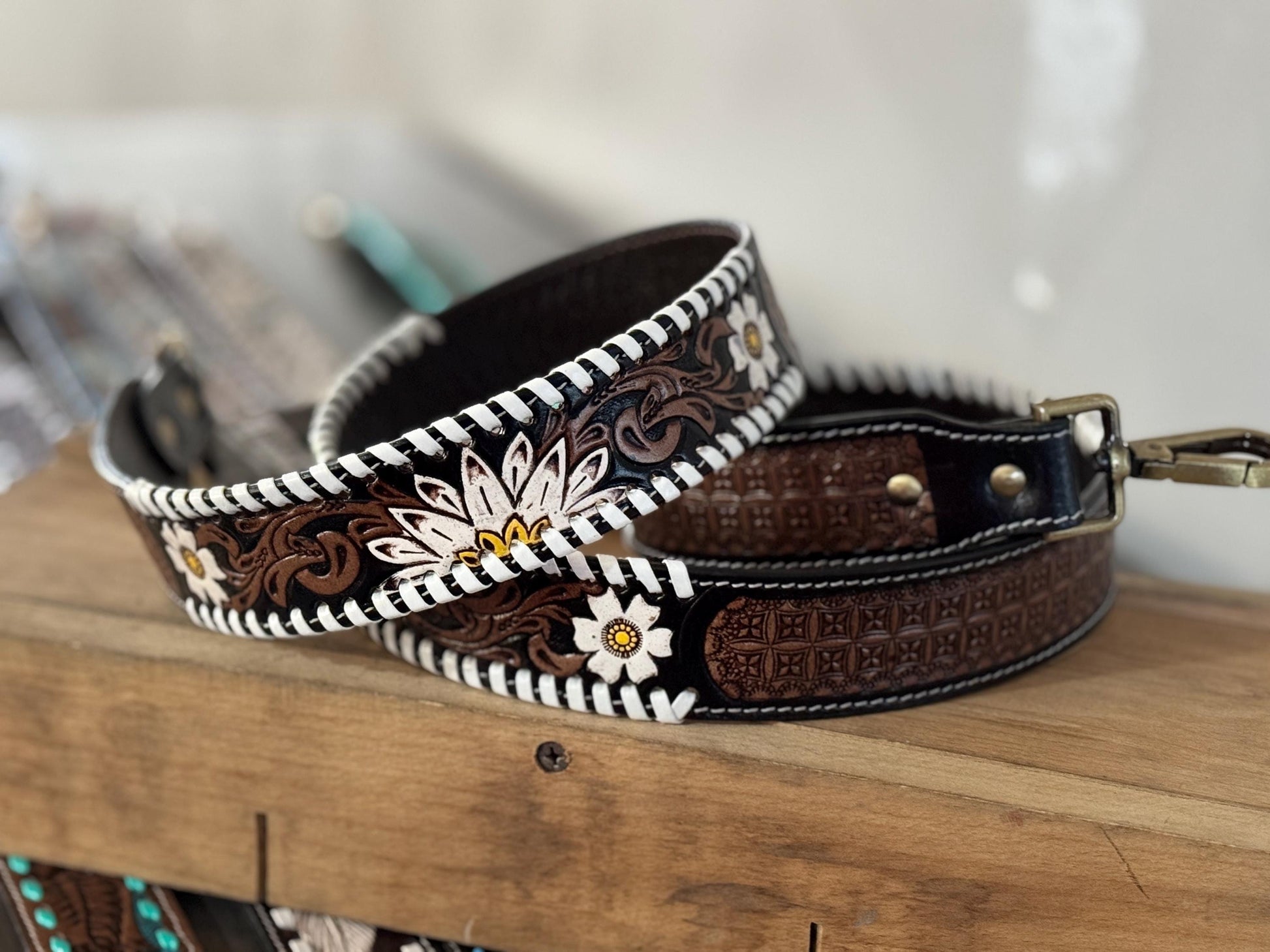 Western purse shoulder strap Cowhide tooled leather by Double B Wild Rags