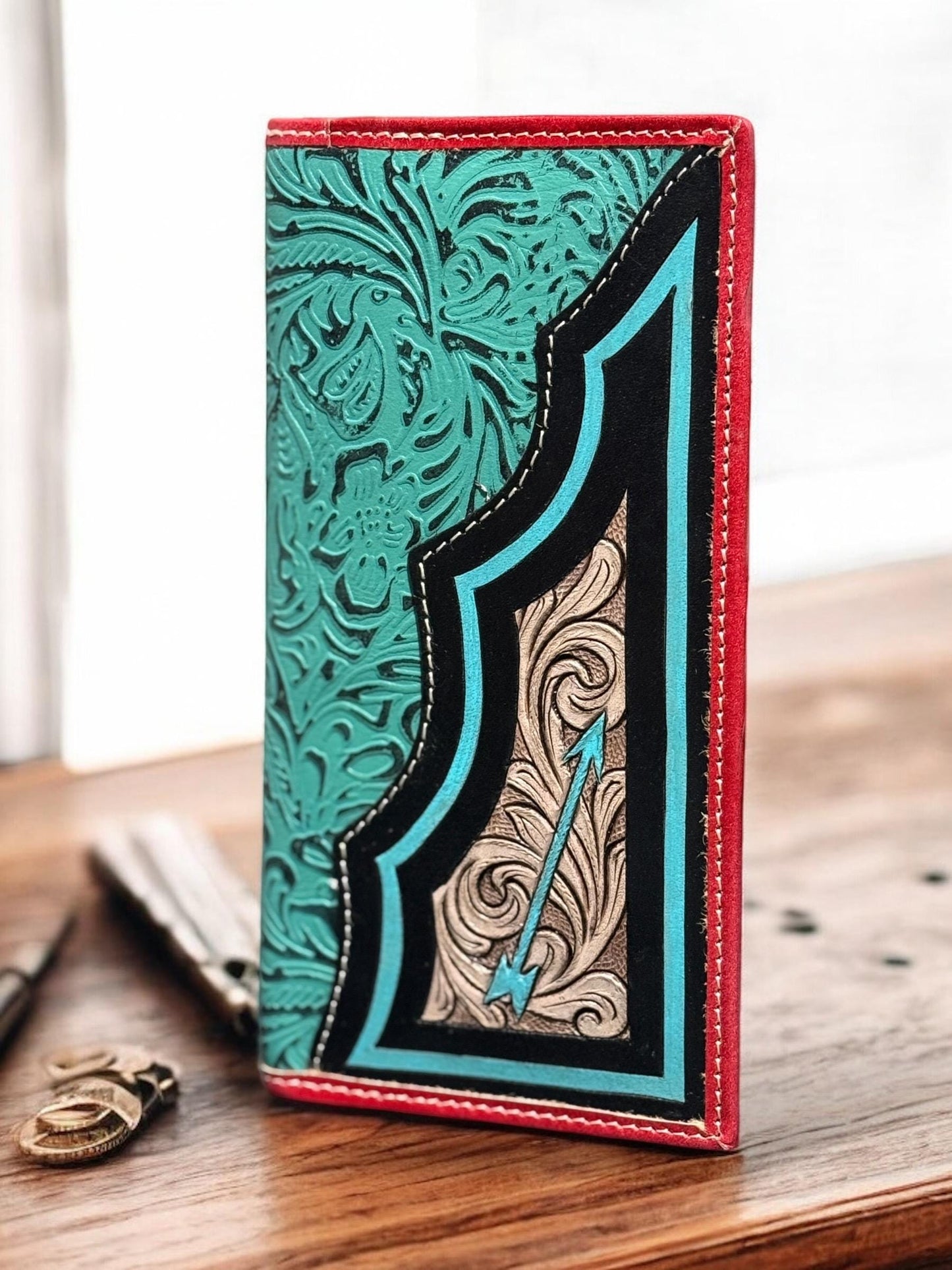 Colorful Western Cowboy Checkbook wallet tooled leather with painted painted details by Double B Wild Rags