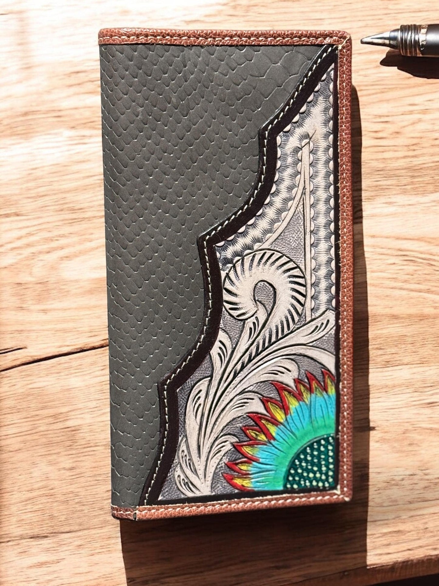 Colorful Western Cowboy Checkbook wallet tooled leather with painted painted details by Double B Wild Rags