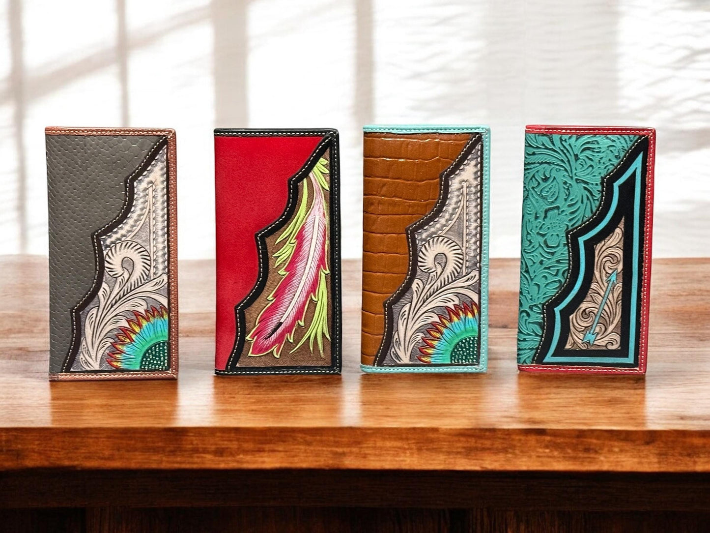 Colorful Western Cowboy Checkbook wallet tooled leather with painted painted details by Double B Wild Rags