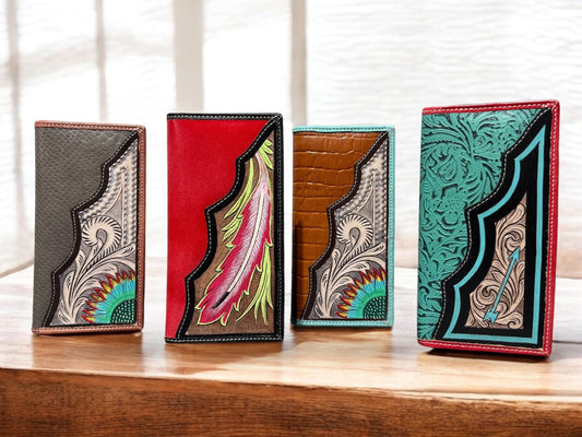 Colorful Western Cowboy Checkbook wallet tooled leather with painted painted details by Double B Wild Rags
