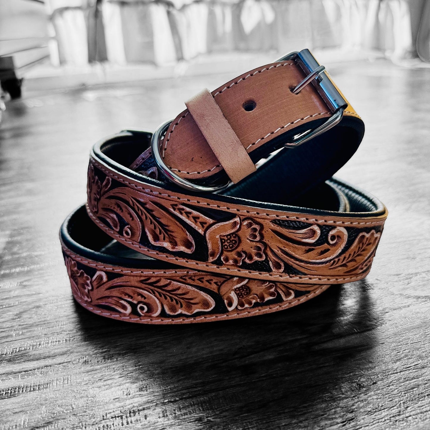 Western tooled leather dog collar or leash with floral details by Double B Wild Rags