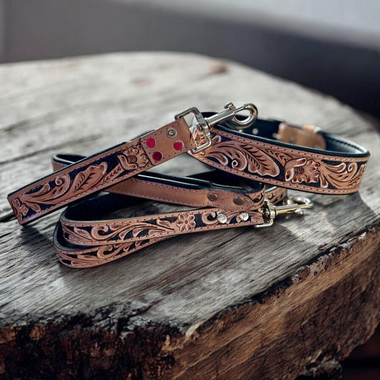 Western tooled leather dog collar or leash with floral details by Double B Wild Rags