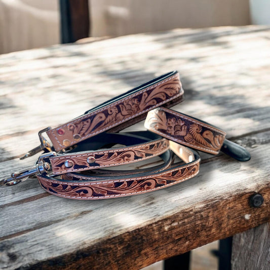 Western traditional tooled leather dog collar and leash set with floral details by Double B Wild Rags