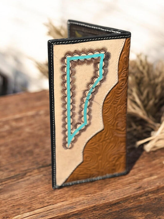 Western Cowboy Checkbook wallet tooled and embossed leather with painted turquoise by Double B Wild Rags