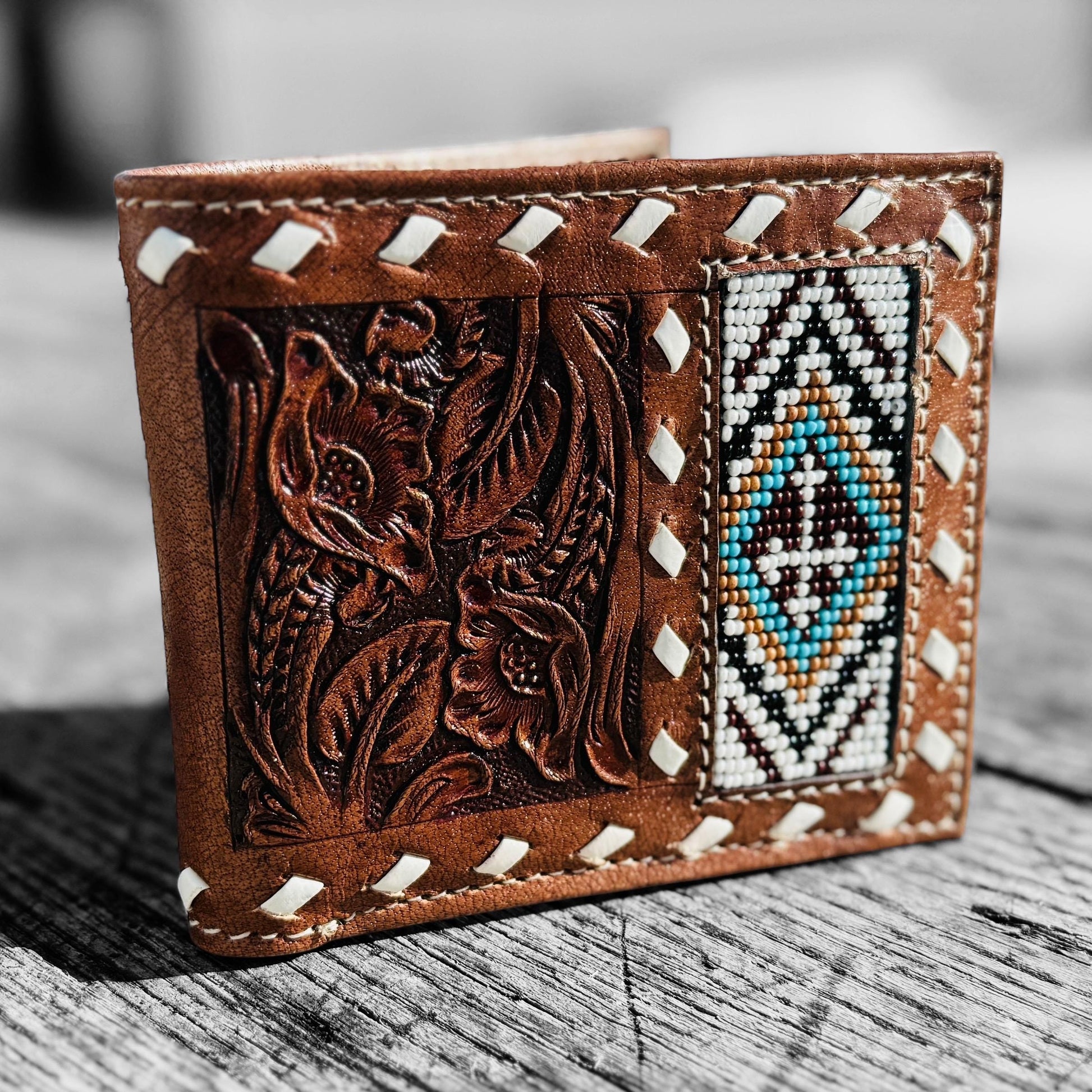 Men’s Western bi-fold Cowboy wallet tooled floral and seed bead details by Double B Wild Rags