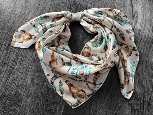 100% Silk Wild Rag Cow skulls on ivory by Double B Wild Rags Silk western scarf