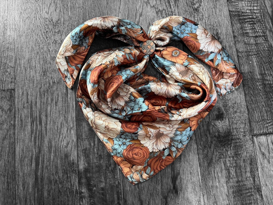 100% Silk Wild Rag Blue, Rust, Ivory, Brown floral by Double B Wild Rags