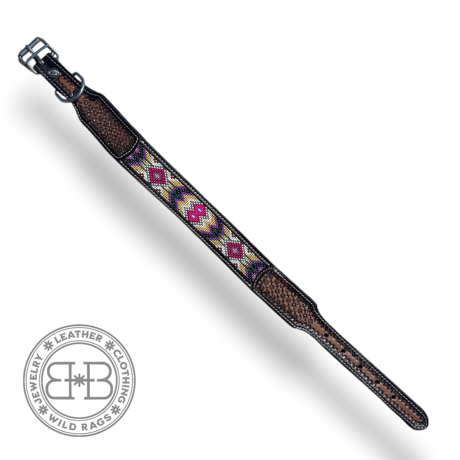 Western Genuine Leather dog collar with tooled details and seed bead tribal design by Double B Wild Rags