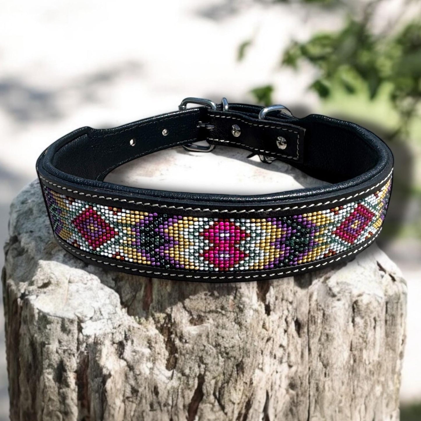 Western Genuine Leather dog collar with tooled details and seed bead tribal design by Double B Wild Rags