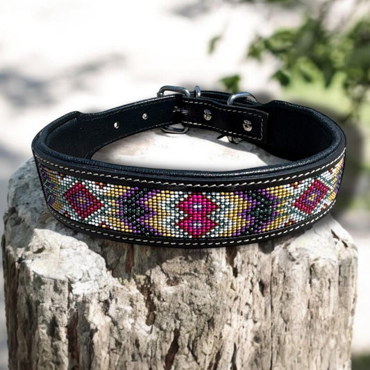 Western Genuine Leather dog collar with tooled details and seed bead tribal design by Double B Wild Rags