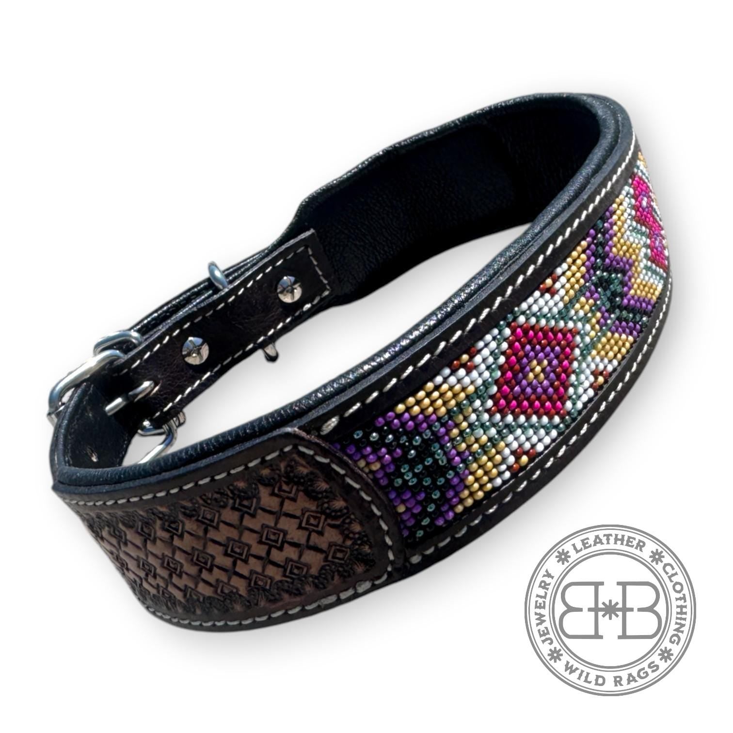 Western Genuine Leather dog collar with tooled details and seed bead tribal design by Double B Wild Rags