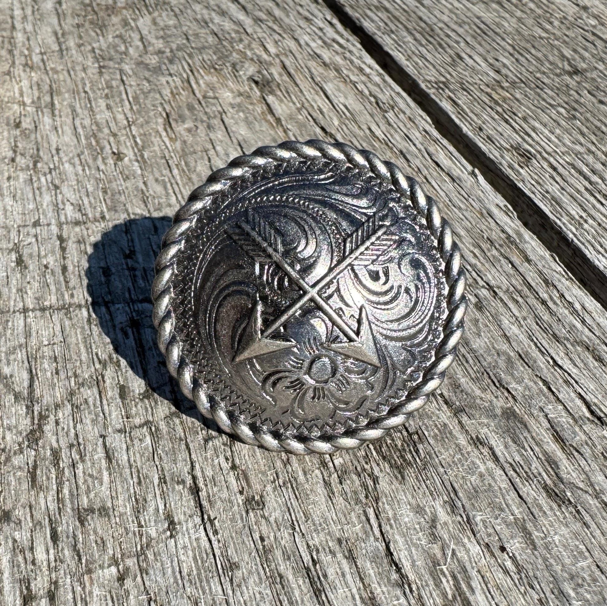 Wild Rag Scarf Slide Antique Silver Cactus, Arrows, or Floral details with rope edge Concho from Double B Wild Rags