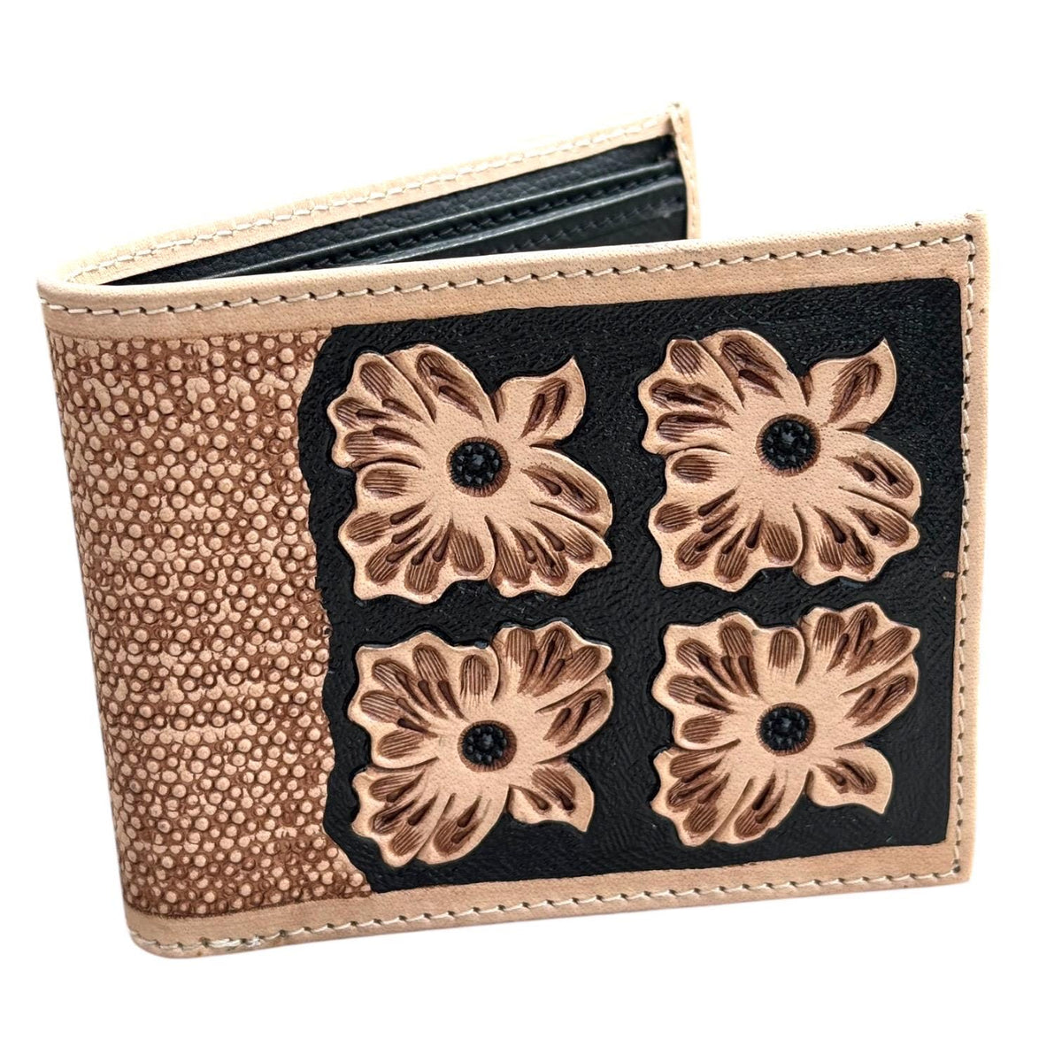 Men’s Western bi-fold wallet tooled floral Cow Skull Aces Cards details by Double B Wild Rags