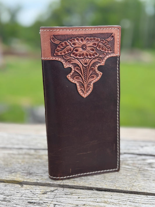 Men’s Western long wallet tooled floral details with smooth leather by Double B Wild Rags