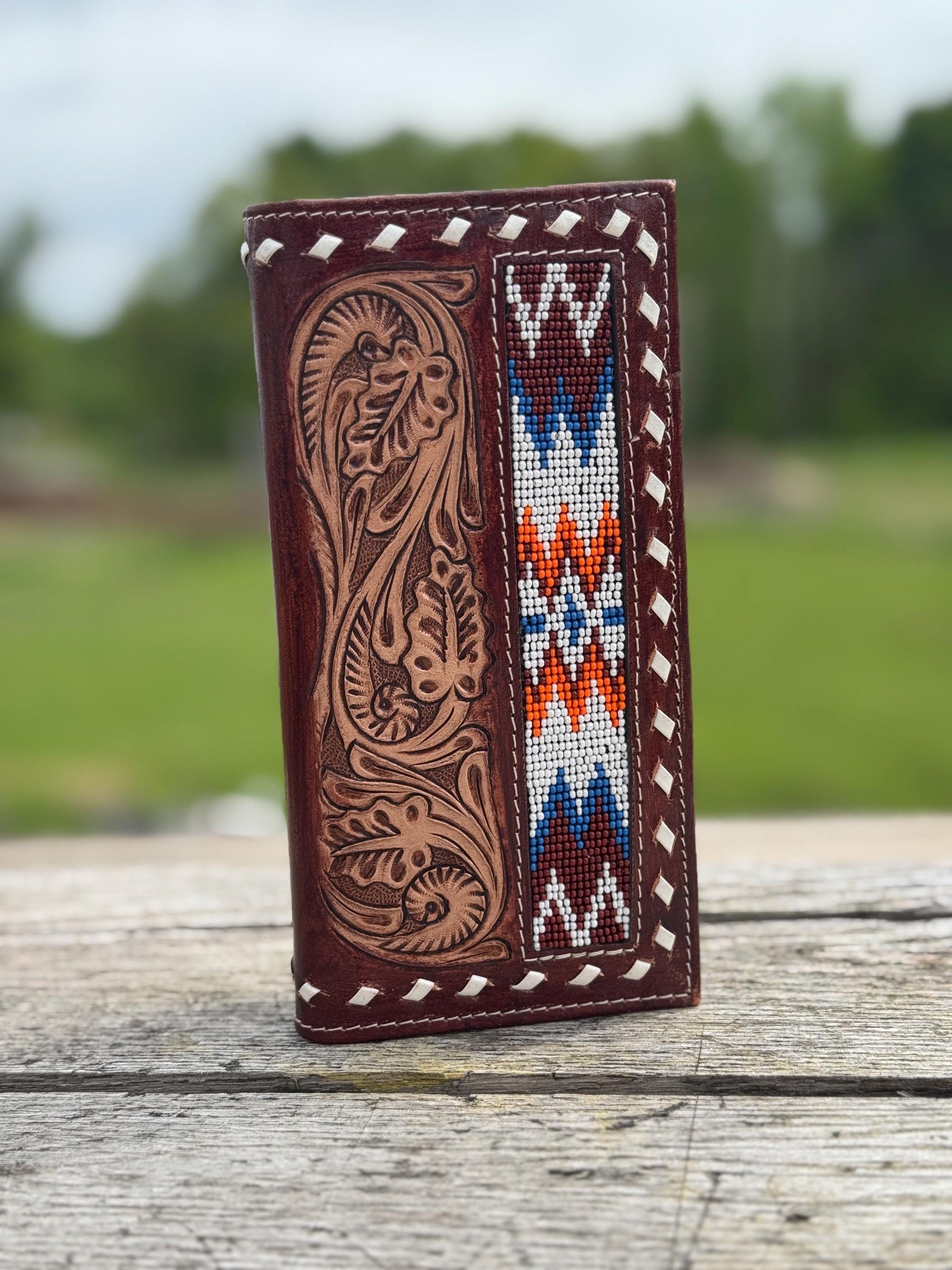 Men’s Western Long wallet tooled floral with seed bead details by Double B Wild Rags