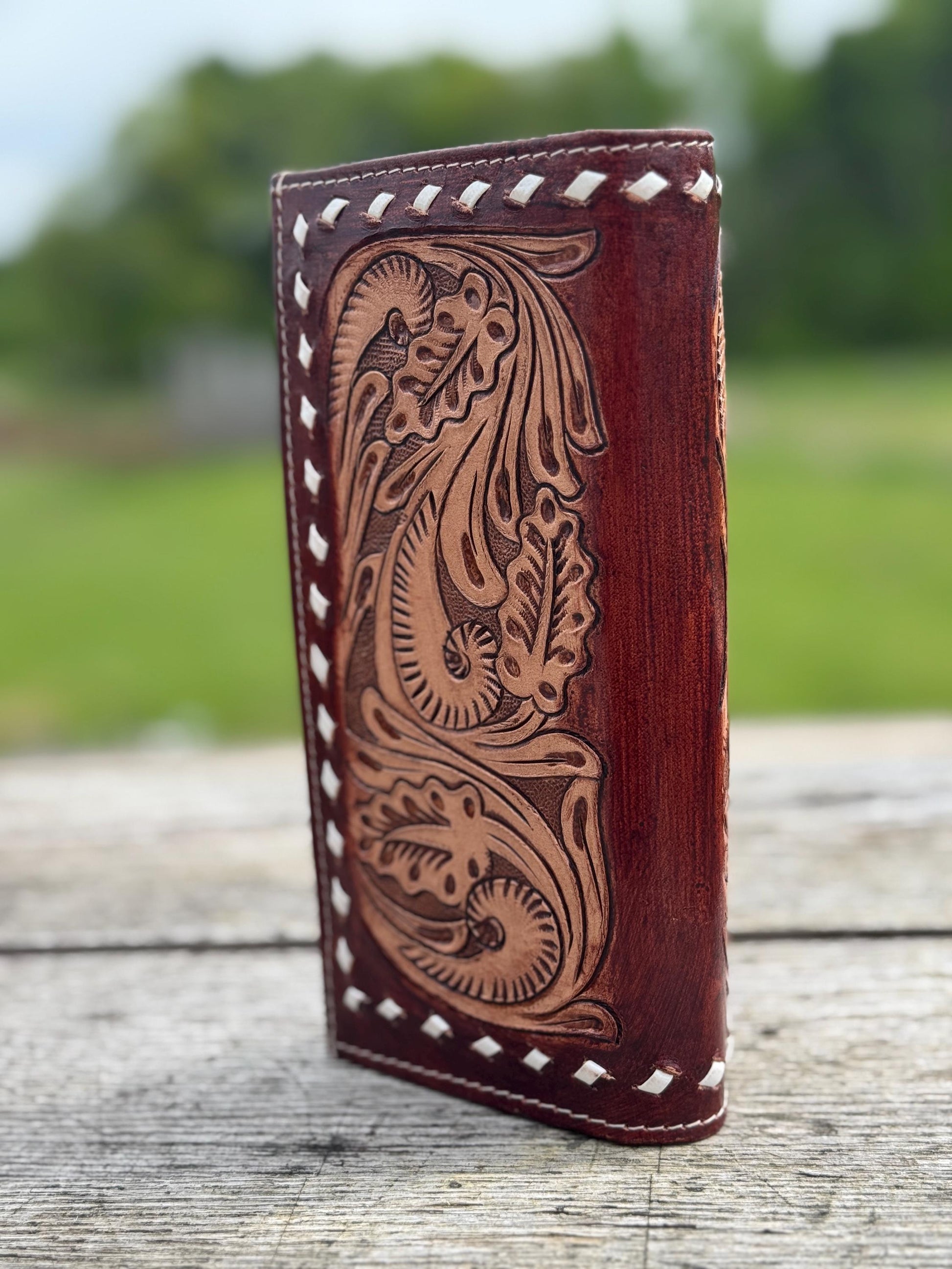 Men’s Western Long wallet tooled floral with seed bead details by Double B Wild Rags